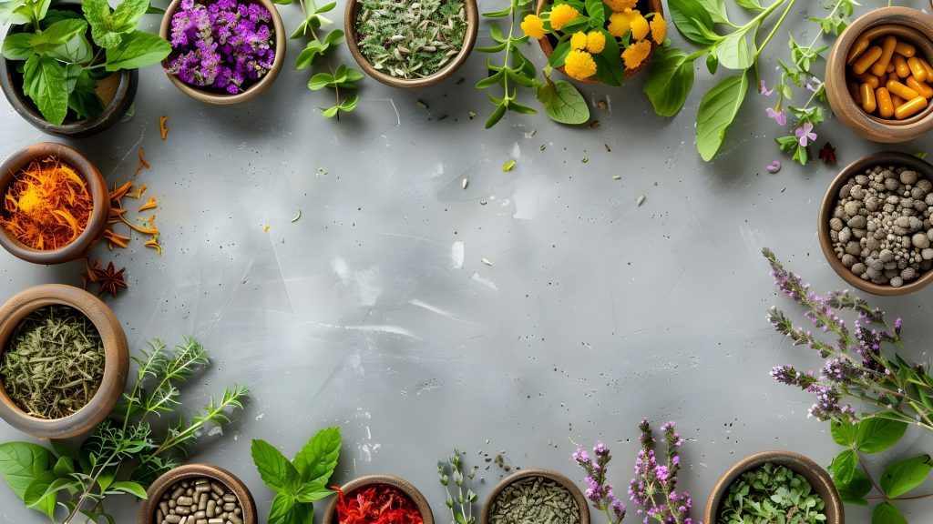 Flat lay of natural remedies and medicinal plants for holistic health care